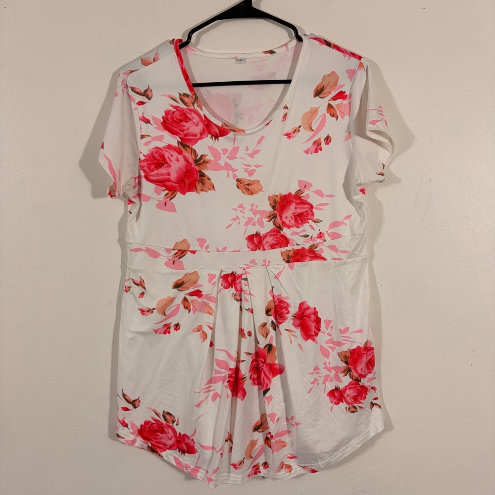 Unbranded Floral Rose Blouse Womens Large White Pink Empire Waist Short Sleeve